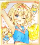  3girls ;d alice_margatroid armpits bangs blonde_hair blue_eyes blue_skirt blue_tank_top bow cheerleader eyebrows_visible_through_hair hair_bow hairband highres holding holding_pom_poms looking_at_viewer mimi_(mimi_puru) multiple_girls one_eye_closed open_mouth pom_pom_(cheerleading) red_bow red_hairband shanghai_doll short_hair skirt smile tank_top touhou 