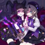  2girls :q animal_ears aqua_eyes bat_wings black_hair black_legwear black_shirt black_shorts black_skirt bow braid candle candlestand collared_shirt couch cowboy_shot crown_(symbol) demon_girl eyeball eyelashes eyeshadow feeding fire french_braid frilled_skirt frills goat_ears goat_girl goat_horns gold_trim grey_hair hat hat_bow heart heart_tail highres holding horns indoors jabot jack-o&#039;-lantern juliet_sleeves lace-trimmed_collar lace-trimmed_legwear lace_trim liquid long_hair long_sleeves looking_at_viewer makeup mini_hat mini_top_hat mole mole_under_eye multiple_girls neck_ribbon on_couch open_mouth original picture_frame pink_eyes pink_fire pointy_ears puffy_shorts puffy_sleeves purple_bow purple_fire purple_headwear purple_ribbon purple_vest ribbon shirt short_hair short_sleeves shorts shou_(hanasakukoroni) sitting skirt star_(symbol) striped striped_shirt tail tareme thigh-highs tongue tongue_out top_hat tsurime vertical-striped_shirt vertical_stripes very_long_hair vest white_shirt wings wrist_cuffs 