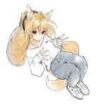  1girl absurdres ahoge animal_ears blonde_hair closed_mouth food-themed_clothes fox_ears fox_girl fox_tail full_body grey_pants hat highres long_hair long_sleeves original pants puffy_long_sleeves puffy_sleeves shirt shoes simple_background sleeves_past_wrists solo syhan tail very_long_hair white_background white_footwear white_shirt 