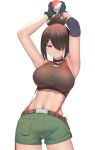 1girl armpits arms_up bare_shoulders belt breasts choker closed_mouth collar ela_angraeni_(revian_samuel_dani) feet_out_of_frame gloves green_shorts hair_ornament hair_over_one_eye hair_up hairband hairclip highres holding large_breasts looking_at_viewer midriff navel one_eye_covered orange_eyes original pocket poke_ball pokemon red_eyes revian_samuel_dani short_hair short_shorts shorts sidelocks simple_background sleeveless smile solo standing stomach strap white_background 