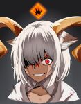  1girl absurdres animal_ears arknights bangs blood bruise carnelian_(arknights) commentary_request dark_background dark_skin goat_ears goat_girl goat_horns great_luanwu grin highres horns injury jacket open_clothes red_eyes short_hair smile solo white_hair white_jacket 
