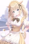  1girl :o animal_ears bird black_bow blonde_hair blue_eyes bow breasts brown_skirt cat_ears cat_girl cat_tail center_frills commentary_request final_fantasy final_fantasy_xiv frilled_skirt frills goose hands_on_hips head_tilt highres kanora looking_at_viewer maid maid_headdress medium_breasts miqo&#039;te parted_lips puffy_short_sleeves puffy_sleeves shirt short_sleeves skirt solo tail twintails white_shirt wrist_cuffs 