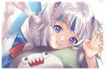  1girl barefoot blue_hair character_name commentary feet fish_tail gawr_gura hako_sketch hololive hololive_english looking_at_viewer multicolored_hair nail nail_polish shark_tail soles solo streaked_hair stuffed_animal stuffed_shark stuffed_toy tail white_hair 