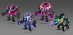  1boy alternate_color alternate_costume armor dark_star_malphite english_commentary full_body glowing glowing_eyes gradient gradient_background grey_background highres league_of_legends malphite multiple_views sharp_teeth teeth vladbacescu 