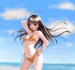  1girl :d antenna_hair arm_behind_head arm_up backlighting bangs beach bikini breasts brown_hair contrapposto cowboy_shot day eyebrows_visible_through_hair halterneck hand_on_hip highres horizon long_hair looking_at_viewer navel ocean open_mouth original outdoors side-tie_bikini silversnow_(vvgr8452) small_breasts smile solo standing string_bikini swimsuit under_boob violet_eyes 