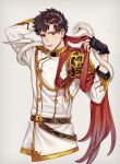  1boy absurdres anderain bangs belial_(granblue_fantasy) belt black_belt black_gloves black_hair fingerless_gloves gloves granblue_fantasy high_collar highres jacket long_jacket looking_at_viewer male_focus official_alternate_costume parted_lips red_eyes short_hair single_shoulder_pad snake solo white_jacket white_snake 