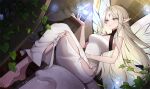 1girl ankkoyom arm_up barefoot blonde_hair bravely_default:_brilliant_lights bravely_default_(series) breasts commentary dress facial_mark fairy fairy_wings feet forehead forehead_mark green_eyes highres legs light long_hair lumina_(bravely_default) magic pointy_ears smile solo thighs toes very_long_hair white_dress wings 