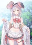  1girl absurdres animal_ears bangs blush eyebrows_visible_through_hair fake_animal_ears granblue_fantasy hair_ornament hair_ribbon hairclip heart_brooch highres looking_at_viewer mouse_ears navel open_mouth outdoors pink_eyes pleated_skirt rain ribbon sailor_collar see-through shirt short_hair silver_hair skirt smile solo standing thigh_strap ukiwakisen vikala_(granblue_fantasy) wet wet_clothes wet_hair wet_shirt white_skirt wide_sleeves 