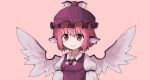  1girl animal_ears bangs bird_wings blush bow brown_eyes brown_vest collared_shirt commentary_request feathered_wings hat highres juliet_sleeves long_sleeves mob_cap mystia_lorelei pink_background pink_hair puffy_sleeves shirt short_hair simple_background smile touhou upper_body vest white_shirt white_wings winged_hat wings zojik 