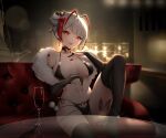  1girl :p absurdres antenna_hair arknights backless_outfit bangs bat_hair_ornament bikini black_bikini black_choker black_gloves black_legwear black_nails black_ribbon breasts breasts_apart brs_(33143752) cherry choker collarbone couch cup demon_girl demon_horns demon_tail drink drinking_glass earrings elbow_gloves eyebrows_visible_through_hair food food_on_body fruit fur_shawl glass_table gloves hair_ornament highres horns indoors jewelry knee_up lamp looking_at_viewer medium_breasts multicolored_hair on_couch open_mouth partially_fingerless_gloves pom_pom_(clothes) red_eyes redhead rhodes_island_logo ribbon short_hair side-tie_bikini side_bun silver_hair sitting socks solo spread_navel stuffed_animal stuffed_bunny stuffed_toy swimsuit table tail thigh-highs tongue tongue_out two-tone_hair w_(arknights) 