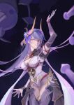  1girl arm_at_side arm_up breasts closed_mouth elbow_gloves feet_out_of_frame genshin_impact gloves hair_ornament highres large_breasts legs_together long_hair long_sleeves mnikkuri purple_hair raiden_shogun signature solo standing thighs violet_eyes 