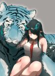  1girl animal arknights bare_shoulders black_hair closed_mouth dragon_girl dress dusk_(arknights) green_horns highres horns looking_at_viewer red_eyes red_tie simple_background solo thighs tiger white_dress yamakappa 