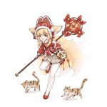  :d absurdres animal_ears arknights bag bangs blonde_hair cat eyebrows_visible_through_hair fox_ears fox_tail green_eyes hat highres holding jacket loli long_sleeves looking_at_viewer open_mouth pantyhose pleated_skirt red_footwear red_jacket shio_(7203802) shoulder_bag skirt smile standing standing_on_one_leg suzuran_(arknights) tail white_legwear 