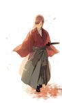  1girl autumn_leaves black_legwear blush brown_hair closed_eyes closed_mouth cosplay cross_scar facing_viewer hair_down hakama haori highres himura_kenshin himura_kenshin_(cosplay) hip_vent ikuchan_kaoru japanese_clothes leaf long_hair male_focus maple_leaf rurouni_kenshin sandals scar scar_on_cheek scar_on_face simple_background smile socks solo standing suzuhara_lulu walking white_background 