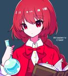  1girl :o blue_background book bookmark bow bowtie braid capelet collared_shirt commentary_request eyebrows_visible_through_hair eyelashes flask holding holding_book kumeri0804 long_hair long_sleeves okazaki_yumemi open_mouth red_bow red_bowtie red_capelet red_eyes red_vest redhead round-bottom_flask shirt simple_background touhou touhou_(pc-98) upper_body vest white_shirt 