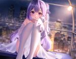  1girl azur_lane blurry bridal_gauntlets building cityscape commentary depth_of_field doll dress ferris_wheel_interior hair_bun hair_ribbon highres holding holding_doll legs_up long_hair looking_at_viewer neit_ni_sei night night_sky purple_hair ribbon side_ponytail sitting sky skyscraper solo strapless strapless_dress stuffed_animal stuffed_toy thigh-highs unicorn unicorn_(azur_lane) violet_eyes 