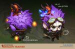  1boy animal_on_head artist_name black_eyes brown_gloves character_name commentary dragon dragon_trainer_heimerdinger full_body gloves goggles goggles_on_head heimerdinger highres holding holding_scroll horns league_of_legends looking_at_viewer magnifying_glass multiple_views official_alternate_costume on_head pink_hair scroll standing vladbacescu web_address wings yordle 