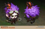  1boy animal_on_head artist_name black_eyes brown_gloves character_name dragon dragon_trainer_heimerdinger full_body gloves goggles goggles_on_head heimerdinger highres holding holding_scroll horns league_of_legends looking_at_viewer magnifying_glass multiple_views official_alternate_costume on_head pink_hair scroll standing vladbacescu web_address wings yordle 