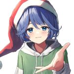  1girl blue_eyes blue_hair blush closed_mouth commission doremy_sweet eyebrows_visible_through_hair foreshortening green_hoodie hat hood hoodie keikei_927 long_sleeves nightcap reaching_out red_headwear short_hair simple_background smile solo touhou upper_body white_background 