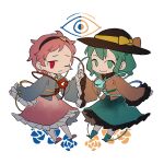  2girls black_headwear bleeding blood blouse blue_blouse boots bow buttons chibi closed_mouth commentary_request floral_print frilled_shirt_collar frilled_skirt frilled_sleeves frills frown green_eyes green_footwear green_hair green_skirt hat hat_bow headband heart_button holding_hands komeiji_koishi komeiji_satori medium_hair multiple_girls one_eye_closed pink_hair pink_skirt red_eyes rose_print short_hair skirt slippers smile third_eye touhou white_background winddoge yellow_blouse yellow_bow 