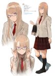  1girl absurdres adjusting_eyewear bag blonde_hair closed_mouth highres ikuchan_kaoru looking_at_viewer necktie original pleated_skirt red_necktie red_skirt school_uniform semi-rimless_eyewear shindan_maker shoulder_bag skirt smile smug under-rim_eyewear violet_eyes 