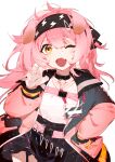  1girl ;d absurdres animal_ears arknights black_choker black_hairband black_skirt blush cat_ears choker claw_pose collarbone cowboy_shot eyebrows_visible_through_hair fang fui_(fui29493452) garter_straps goldenglow_(arknights) hairband hand_on_hip highres id_card jacket light_particles lightning_bolt_print long_hair long_sleeves looking_at_viewer miniskirt one_eye_closed open_clothes open_jacket open_mouth pink_hair pink_jacket scissors simple_background skin_fang skirt smile white_background yellow_eyes 