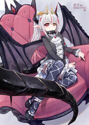  1girl armchair black_collar black_dress black_footwear black_legwear black_nails chair circlet closed_mouth collar commentary_request dragon_girl dragon_horns dragon_tail dragon_wings dress frilled_dress frills grey_hair grey_wings heterochromia highres horns long_hair long_sleeves looking_at_viewer multicolored_hair nail_polish nishi_yasuaki on_chair original pointy_ears ponytail red_eyes redhead shoes signature solo streaked_hair tail thigh-highs translation_request very_long_hair wings yellow_eyes 