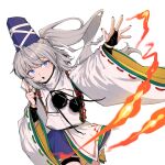  1girl :o ast.rockett blue_eyes blue_skirt bridal_gauntlets casting_spell eyebrows_visible_through_hair fire grey_hair hair_ribbon hat highres japanese_clothes kariginu layered_clothing layered_sleeves looking_to_the_side mononobe_no_futo pom_pom_(clothes) ponytail ribbon ribbon-trimmed_sleeves ribbon_trim short_hair simple_background skirt tate_eboshi thick_eyebrows touhou very_short_hair white_background wide_sleeves 