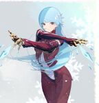  1girl bangs belt blue_hair bodysuit breasts cowboy_shot eyebrows_visible_through_hair ffffcoffee gloves ice kula_diamond long_hair looking_at_viewer medium_breasts simple_background smile snowflakes the_king_of_fighters violet_eyes zipper 