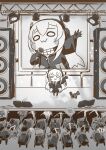  1girl :3 blush blush_stickers chibi chika_(keiin) commentary_request concert dinergate_(girls&#039;_frontline) eyebrows_visible_through_hair flag girls_frontline glowstick greyscale headgear highres holding idol jacket long_hair m4_sopmod_ii_jr microphone monochrome rigging speaker spotlight waving 