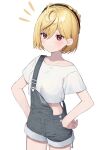  1girl absurdres ahoge bangs blonde_hair blush closed_mouth collarbone eyebrows_visible_through_hair food-themed_clothes hair_between_eyes hands_on_hips hat highres looking_at_viewer notice_lines original overall_shorts overalls red_eyes shirt short_hair short_sleeves simple_background smile solo standing syhan white_background white_shirt 