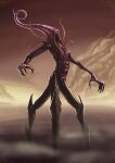  alien black_skin claws clouds colored_skin creature creature_and_personification erkanerturk fog highres horrified horror_(theme) m_legs monster no_eyes open_mouth original red_sky sky tentacles 