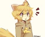  1girl anakoluth animal_ears blonde_hair brown_hoodie dog_ears dog_girl dog_tail eyebrows_visible_through_hair furry furry_female gift_art highres hood hoodie looking_away original rubber_duck short_hair solo tail upper_body yellow_eyes yellow_theme 