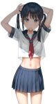  1girl arms_up bangs black_hair blue_sailor_collar blue_skirt blush breasts brown_eyes commentary_request cowboy_shot crop_top crop_top_overhang eyebrows_visible_through_hair hair_tie hair_tie_in_mouth highres kantoku long_hair looking_at_viewer midriff mouth_hold navel neckerchief original pleated_skirt red_neckerchief sailor_collar school_uniform see-through_shirt see-through_silhouette serafuku shirt short_sleeves sidelocks simple_background skirt solo stomach twintails twintails_day tying_hair white_background white_shirt 