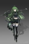 1girl :d absurdres antenna_hair arknights artist_name axe black_footwear black_gloves black_shirt black_shorts boots breasts brown_eyes crocodilian_tail fingerless_gloves full_body gavial_(arknights) gavial_(combat_medic)_(arknights) gloves gradient gradient_background green_hair green_jacket grey_background highres holding huaweishuicai jacket large_breasts long_hair long_sleeves looking_at_viewer midriff navel official_alternate_costume open_clothes open_jacket parted_lips shirt short_shorts shorts smile solo standing tail thigh-highs thigh_boots thigh_strap thighhighs_under_boots very_long_hair watermark white_legwear