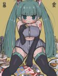  1girl @_@ absurdres bangs black_gloves black_legwear blue_eyes blue_hair blunt_bangs blush breasts chopsticks closed_mouth collarbone earrings elbow_gloves eyebrows_visible_through_hair garter_straps gloves grey_skirt hatsune_miku highres jewelry large_breasts long_hair looking_at_viewer navel pleated_skirt resupuburika sitting skirt solo stud_earrings thigh-highs twintails vocaloid zipper zipper_pull_tab zipper_skirt 