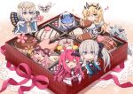  1boy 5girls armor blush box box_of_chocolates bug butterfly_wings cape cernunnos_(fate) chocolate closed_eyes commentary cupcake fairy_knight_gawain_(fate) fairy_knight_lancelot_(fate) fairy_knight_tristan_(fate) fate/grand_order fate_(series) food habetrot_(fate) highres in_box in_container morgan_le_fay_(fate) moth multiple_girls musical_note oberon_(fate) one_eye_closed open_mouth pointy_ears ribbon rioshi smile wings woodwose_(fate) 