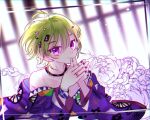  1boy dear_vocalist ear_piercing flower green_hair hair_ornament hairclip japanese_clothes jeje_(pixiv60670177) jewelry looking_at_viewer momochi_(dear_vocalist) nail_polish pale_skin piercing ring solo violet_eyes 