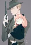  1boy 1girl ahoge anya_(spy_x_family) black_dress black_eyes black_footwear blonde_hair blue_eyes blurr_blur blush carrying carrying_person child dress fedora formal gloves grey_background grey_headwear grey_suit gun hair_ornament handgun hat highres holding holding_gun holding_weapon horn_ornament horns long_sleeves looking_to_the_side medium_hair parent_and_child pink_hair pistol serious shoes signature simple_background smile smug spy_x_family suit suppressor thai_commentary twilight_(spy_x_family) upper_body weapon white_gloves 