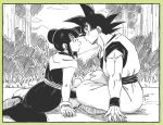  1boy 1girl arm_support bangs bare_arms black_dress black_eyes black_hair blunt_bangs border bracelet bush chi-chi_(dragon_ball) chi_(cmon_57) closed_mouth clouds cloudy_sky couple crossed_legs dougi dragon_ball dragon_ball_z dress expressionless eye_contact eyelashes face-to-face fingernails forest grass green_border greyscale hair_bun hand_on_another&#039;s_knee hetero jewelry looking_at_another monochrome mountain muscular muscular_male nature neckerchief obi on_ground outdoors profile sash shoe_soles side-by-side side_slit sidelocks sitting sky smile son_goku spiky_hair tree wristband 
