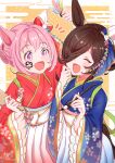  2girls :d alternate_hairstyle animal_ears artist_name bangs black_hair blue_kimono calligraphy_brush closed_eyes commentary ear_covers ear_ornament egasumi eyebrows_visible_through_hair facepaint hagoita hair_ornament hair_over_one_eye hair_up hakama hane_(hanetsuki) hanetsuki haru_urara_(umamusume) highres holding holding_brush holding_paddle horse_ears horse_girl horse_tail japanese_clothes kimono laughing long_sleeves looking_at_another multiple_girls new_year notice_lines open_mouth paddle paintbrush pink_hair red_kimono rice_shower_(umamusume) short_hair signature single_ear_cover smile standing tail tasuki tied_hair twitter_username umamusume violet_eyes watawatage white_hakama wide_sleeves 