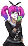  1girl bow ehebai facepaint fortnite glasses gloves gradient_hair hair_bow hair_ornament highres lace_(fortnite) lipstick looking_at_phone makeup multicolored_hair phone short_twintails skirt solo streaked_hair sweater tagme twintails 