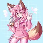  1girl :3 anakoluth animal_ears blush bubble_tea closed_mouth eyebrows_visible_through_hair fox_ears fox_girl fox_tail furry furry_female gift_art highres hood hoodie long_hair long_sleeves looking_at_viewer one_eye_closed original pink_eyes pink_hair pink_hoodie pink_legwear smile solo tail thigh-highs tongue tongue_out v 