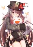  1girl blush brown_hair chinese_clothes cowboy_shot fang flower genshin_impact ghost happy hat hat_flower highres hu_tao_(genshin_impact) hug long_hair long_sleeves open_mouth red_eyes shorts smile tailcoat teeth tomo_(tomosa011326) top_hat twintails very_long_hair 