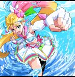  1girl blonde_hair choker cure_summer earrings elbow_gloves fingerless_gloves flower gloves green_eyes hair_flower hair_ornament highres jewelry long_hair looking_at_viewer magical_girl midriff multicolored_hair natsuumi_manatsu navel open_mouth pink_hair precure punching side_ponytail skirt solo tropical-rouge!_precure uraki very_long_hair water waves white_gloves 