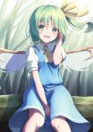  1girl :d absurdres ascot bangs between_legs bloom blue_skirt blue_vest blurry blurry_background blush daiyousei day eyebrows_visible_through_hair eyes_visible_through_hair fairy_wings feet_out_of_frame green_eyes green_hair hair_between_eyes hair_ribbon hand_between_legs hand_in_hair hand_up highres knees_together_feet_apart light_particles looking_at_viewer medium_hair messiah_&amp;_crea one_side_up open_mouth outdoors puffy_short_sleeves puffy_sleeves ribbon short_sleeves sitting skirt smile solo touhou vest wing_collar wings yellow_ascot yellow_ribbon 