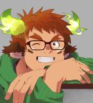  1boy animal_ears bespectacled brown_eyes brown_hair cow_boy cow_ears cow_horns crossed_arms dark-skinned_male dark_skin eye_black facial_hair fiery_horns forked_eyebrows glasses glowing_horns goatee green_hoodie grin highres hood hoodie horns one_eye_closed shirotoki_(qdng0atngbaqmce) short_hair smile solo spiky_hair teeth thick_eyebrows tokyo_afterschool_summoners wakan_tanka 