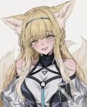  1girl :d animal_ear_fluff animal_ears aogisa arknights bangs bare_shoulders blush braid breasts collarbone detached_sleeves eyebrows_visible_through_hair fox_ears fox_girl fox_tail green_eyes head_tilt highres id_card looking_at_viewer medium_breasts multiple_tails older open_mouth simple_background smile solo suzuran_(arknights) tail upper_body white_background 