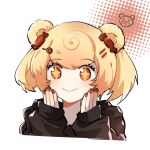  +_+ 1girl alternate_costume animal_ears arknights bear_ears black_sweater blonde_hair blush candy_hair_ornament chinese_commentary closed_mouth commentary_request cropped_torso eyebrows_visible_through_hair food-themed_hair_ornament gummy_(arknights) hair_ornament hands_on_own_cheeks hands_on_own_face highres long_sleeves nail_polish red_eyes red_nails short_hair smile solo sparkling_eyes sweater twintails two-tone_background upper_body yizhiasha 