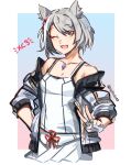  1girl absurdres animal_ears breasts cat_ears graysheartart highres jacket mio_(xenoblade) red_ribbon ribbon skirt small_breasts solo tank_top white_jacket white_skirt white_tank_top xenoblade_chronicles_(series) xenoblade_chronicles_3 yellow_eyes 